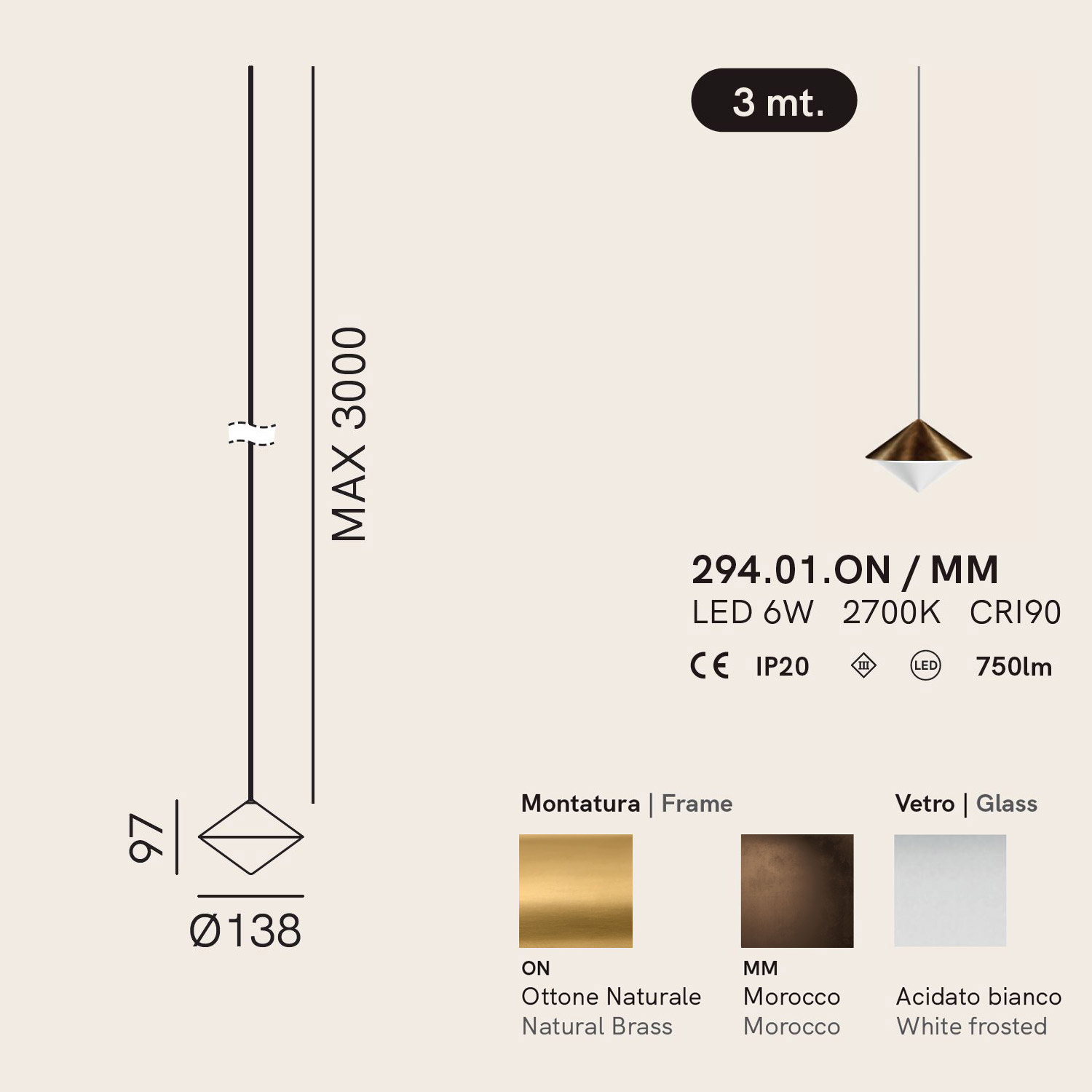 Horizon brass suspension lamp by Il Fanale